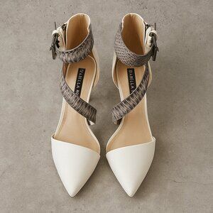 White and snake skin heels with belt buckle strap